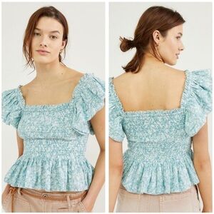 Love The Label Turquoise Blue Smocked Ruffle Crop Top Butterfly Sleeve Size Smal